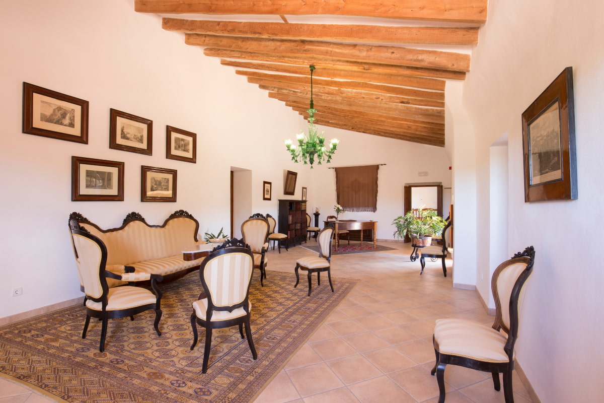 Common areas of the hotel, with period furniture