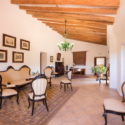 Common areas of the hotel, with period furniture